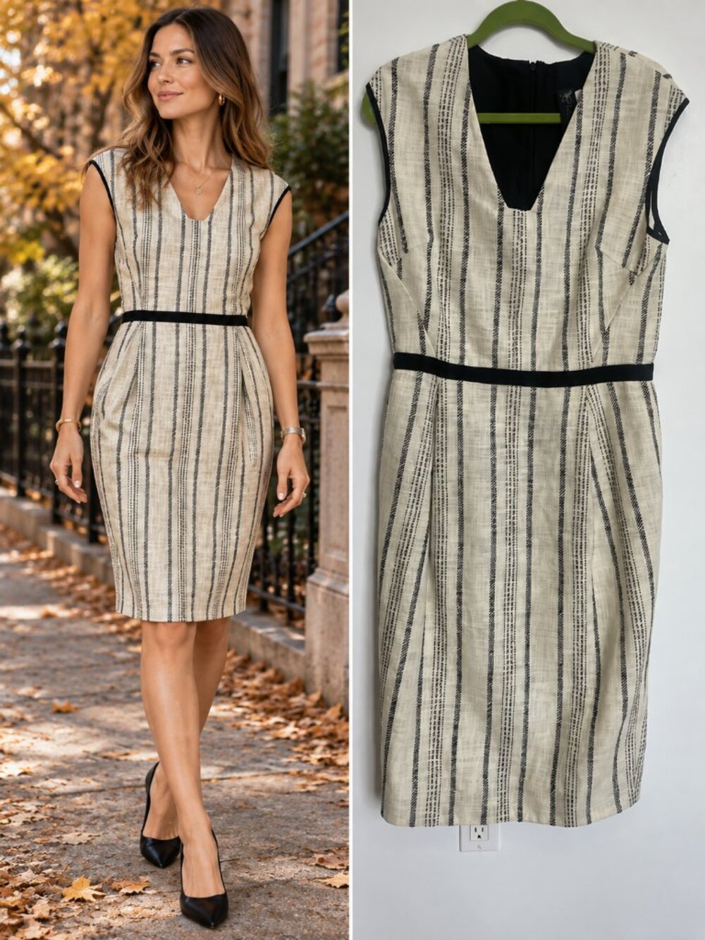 Zero + Maria Cornejo Cream Charcoal Striped Cotton Sheath Dress Quiet Luxury 12
